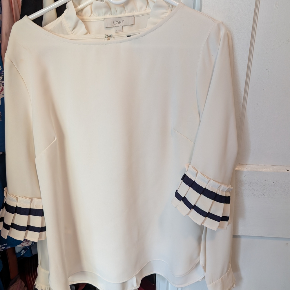 LOFT Cream Blouse with Navy Trim
